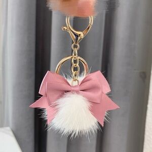 Mini Real Mink Fur Pom Pom with Pink Bow Keychain Bag Charm Key Holder Kawaii